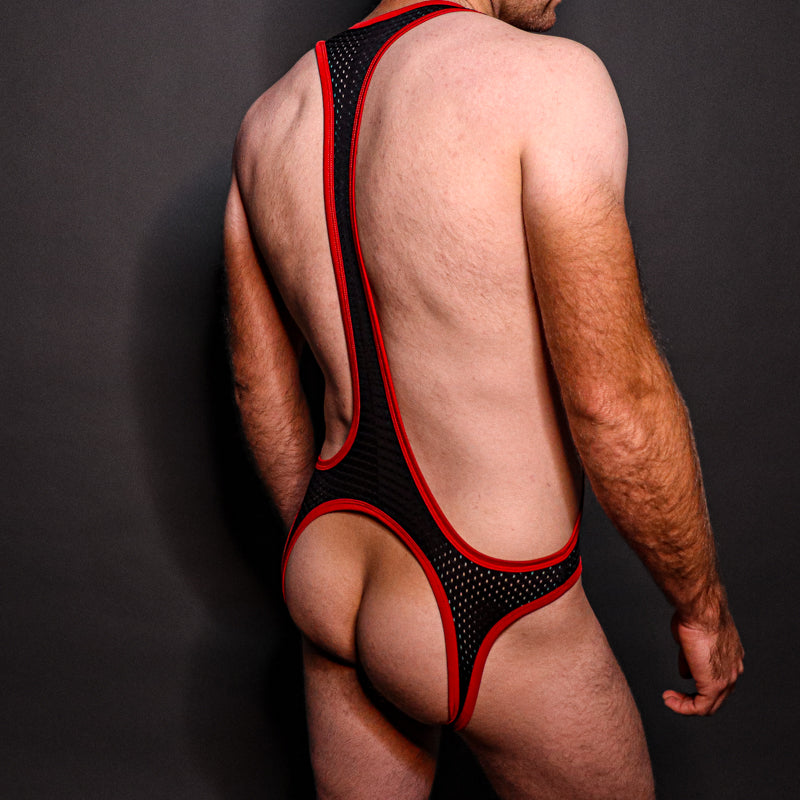 Mesh Bodysuit Open Back - Black/Red