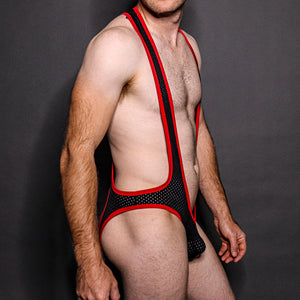 Mesh Bodysuit Open Back - Black/Red
