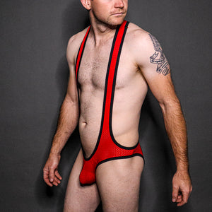 Mesh Bodysuit Open Back - Red/Black